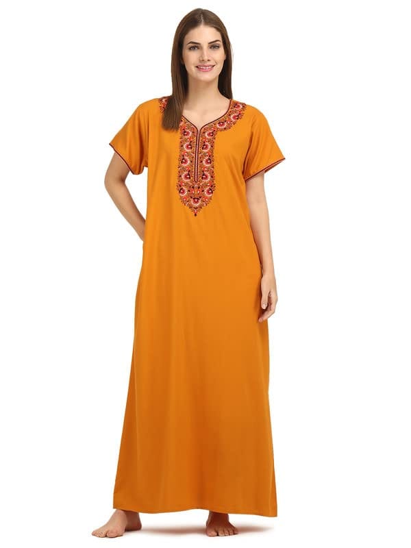 KOI SLEEPWEAR Women's Paan Shape Cotton Blend Embroidered Full Length Night Gown/Maxi/Nighty (Sunflower Mustard, L) - Nightwear & Loungewear | Buy online on ZillyBuy