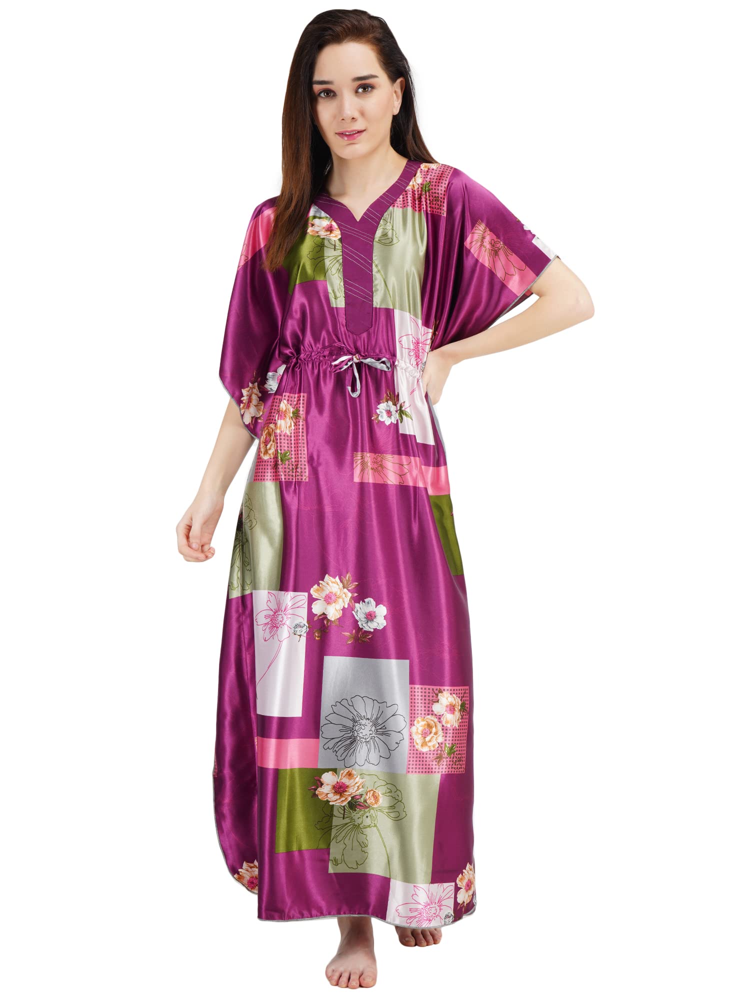 KOI SLEEPWEAR Women's Satin Kaftan Square Print Gown/Maxi Night Gown for Women - Purple (Large)