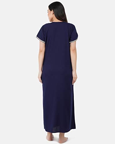 KOI SLEEPWEAR Premium Women White Contrast Embroidery Night Gown Lizzybizzy Cotton Nighty Maxi (X-Large, Navy Blue)�