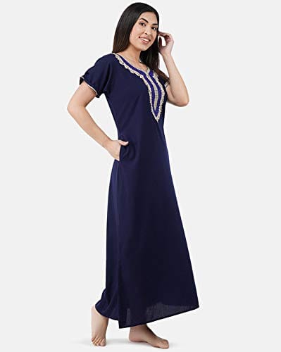 KOI SLEEPWEAR Premium Women White Contrast Embroidery Night Gown Lizzybizzy Cotton Nighty Maxi (X-Large, Navy Blue)�