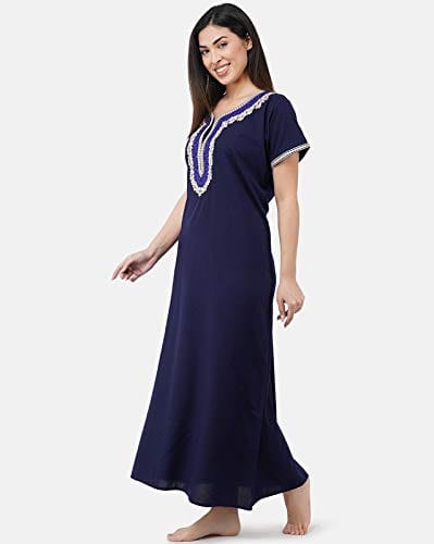 KOI SLEEPWEAR Premium Women White Contrast Embroidery Night Gown Lizzybizzy Cotton Nighty Maxi (X-Large, Navy Blue)�