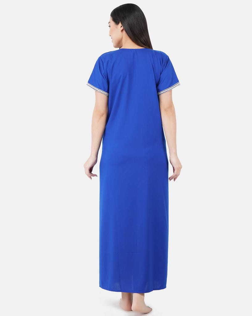 KOI SLEEPWEAR Premium Women White Contrast Embroidery Night Gown Lizzybizzy Cotton Nighty Maxi (Large, Royal Blue)�