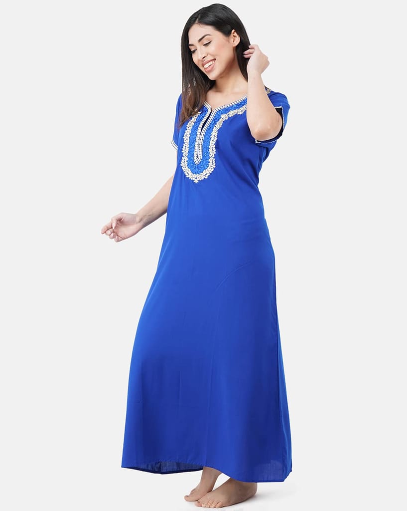 KOI SLEEPWEAR Premium Women White Contrast Embroidery Night Gown Lizzybizzy Cotton Nighty Maxi (Large, Royal Blue)�