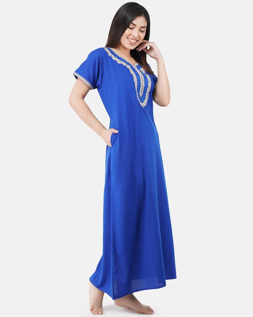 KOI SLEEPWEAR Premium Women White Contrast Embroidery Night Gown Lizzybizzy Cotton Nighty Maxi (Large, Royal Blue)�