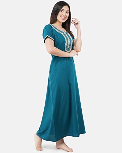 KOI SLEEPWEAR Premium Women White Contrast Embroidery Night Gown Lizzybizzy Cotton Nighty Maxi (Large, Teal Blue)�