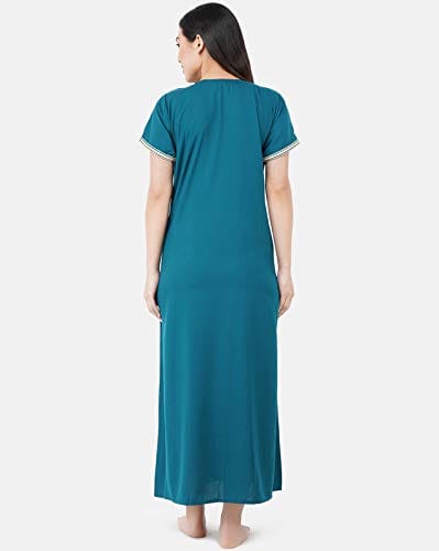 KOI SLEEPWEAR Premium Women White Contrast Embroidery Night Gown Lizzybizzy Cotton Nighty Maxi (Large, Teal Blue)�