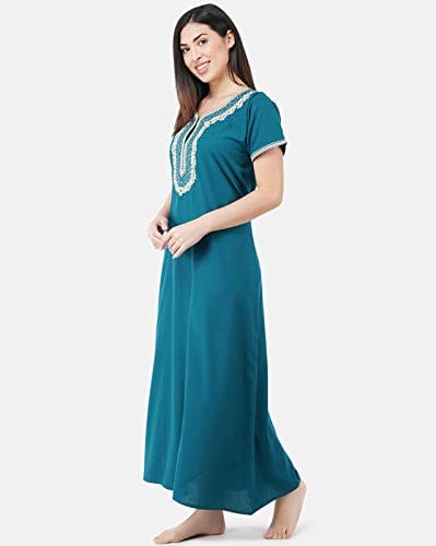 KOI SLEEPWEAR Premium Women White Contrast Embroidery Night Gown Lizzybizzy Cotton Nighty Maxi (Large, Teal Blue)�