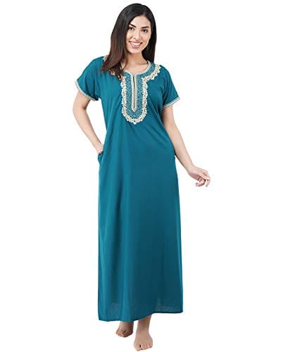 KOI SLEEPWEAR Premium Women White Contrast Embroidery Night Gown Lizzybizzy Cotton Nighty Maxi (Large, Teal Blue)�