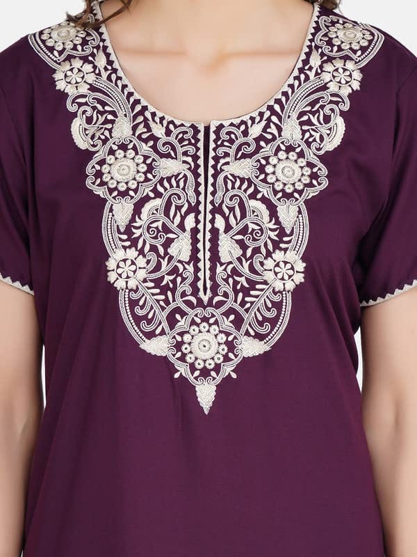 KOI SLEEPWEAR Premium Women Embroidery Night Gown Soft Breathable Alpine Fabric Nighty Maxi (Wine)��