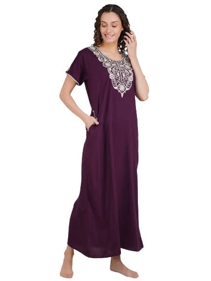 KOI SLEEPWEAR Premium Women Embroidery Night Gown Soft Breathable Alpine Fabric Nighty Maxi (Wine)��