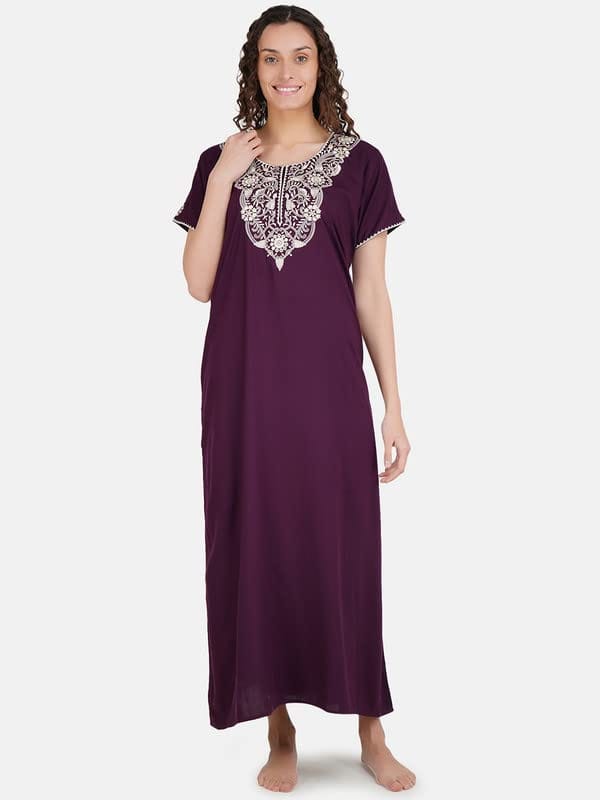 KOI SLEEPWEAR Premium Women Embroidery Night Gown Soft Breathable Alpine Fabric Nighty Maxi (Wine)��