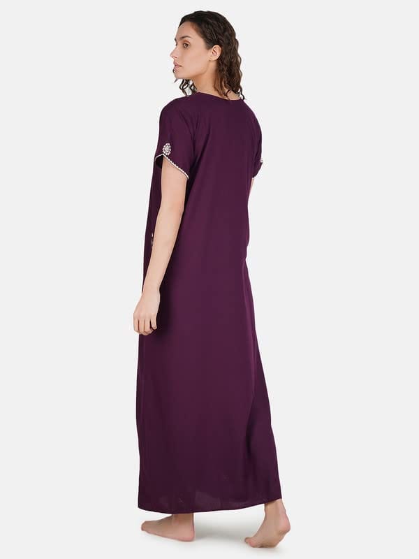 KOI SLEEPWEAR Premium Women Embroidery Night Gown Soft Breathable Alpine Fabric Nighty Maxi (Wine)��