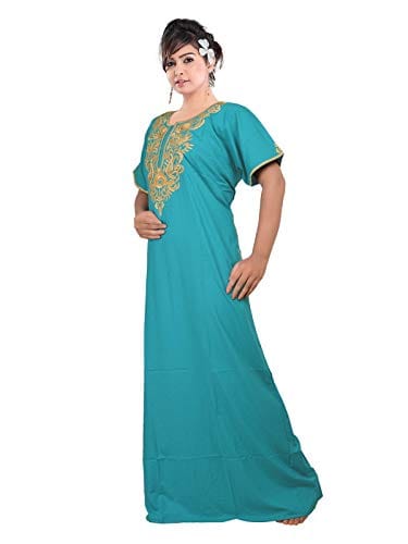 VALENCIA SLEEPWEAR lissybissy Cotton Resham Embroidery Nighty Night Gown Maxi for Women A line (X-Large, Turquoise)