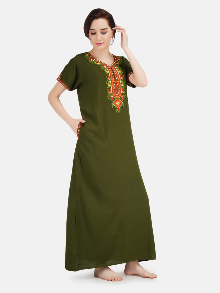 KOI SLEEPWEAR Women's Cotton Blend Embroidered Maxi Nightgown