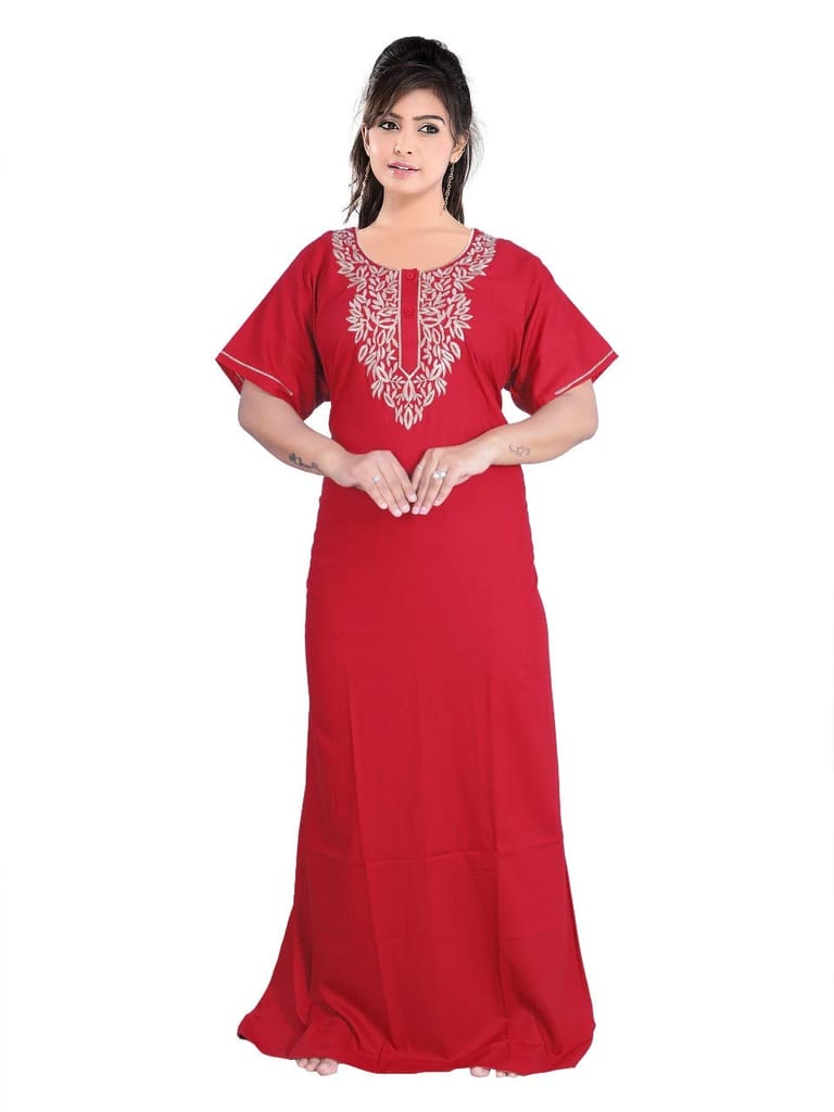 VALENCIA SLEEPWEAR Women's Cotton Embroidered Maxi Nighty (VS-NmarooVS-N_LP1_Maroon_Free Size) - Nightwear & Loungewear | Buy online on ZillyBuy