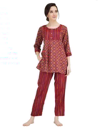 KOI SLEEPWEAR Women Kurti Pant Nightsuit Set - Maroon (X-Large)