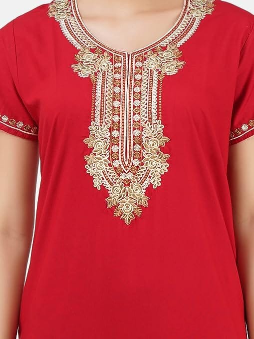 VALENCIA SLEEPWEAR Premium Women Embroidery Night Gown Lizzybizzy Cotton Nighty Maxi Rose red