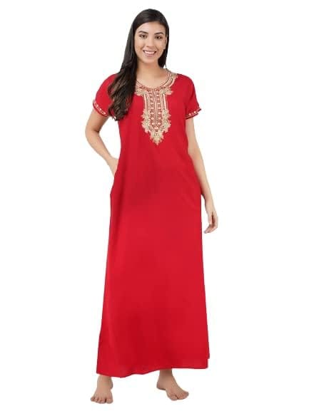 VALENCIA SLEEPWEAR Premium Women Embroidery Night Gown Lizzybizzy Cotton Nighty Maxi Rose red