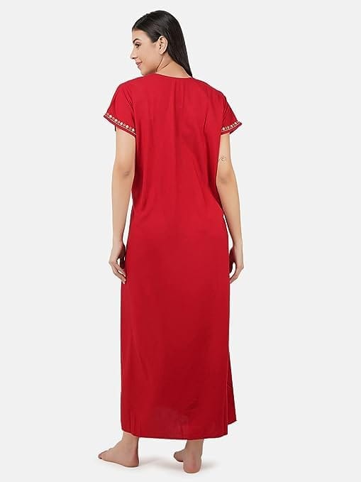 VALENCIA SLEEPWEAR Premium Women Embroidery Night Gown Lizzybizzy Cotton Nighty Maxi Rose red