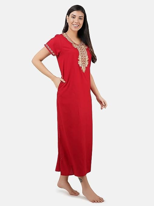 VALENCIA SLEEPWEAR Premium Women Embroidery Night Gown Lizzybizzy Cotton Nighty Maxi Rose red