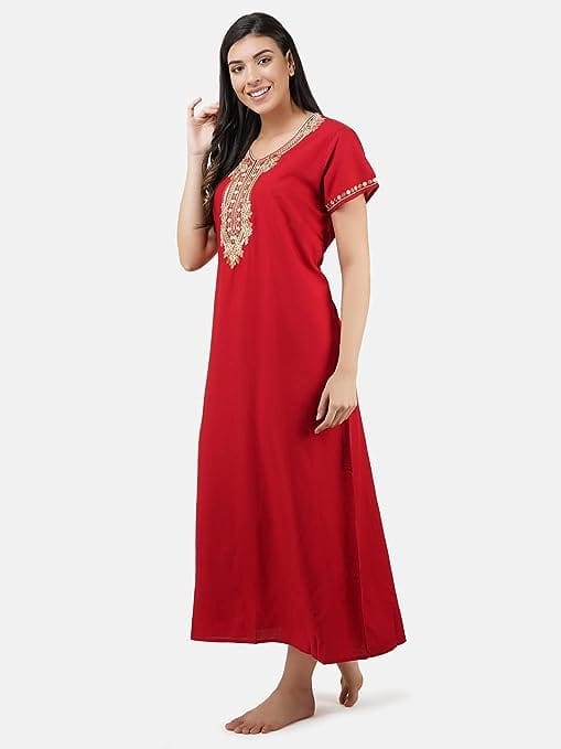 VALENCIA SLEEPWEAR Premium Women Embroidery Night Gown Lizzybizzy Cotton Nighty Maxi Rose red