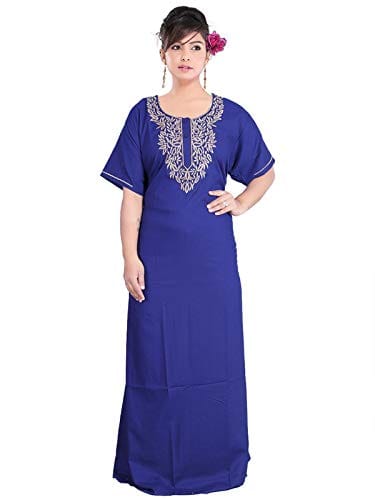 VALENCIA SLEEPWEAR Women's Cotton Embroidered Maxi Nighty (VS-NVS-Navyblue_LP1_Navy Blue_Free Size)