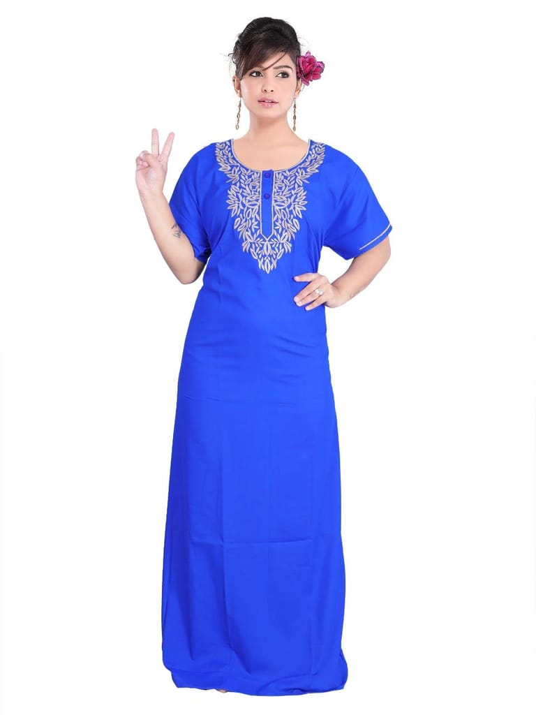 VALENCIA SLEEPWEAR Women's Cotton Embroidered Maxi Nighty (VS-Nroyalblue_LP1_Royal Blue_Free Size) - Nightwear & Loungewear | Buy online on ZillyBuy