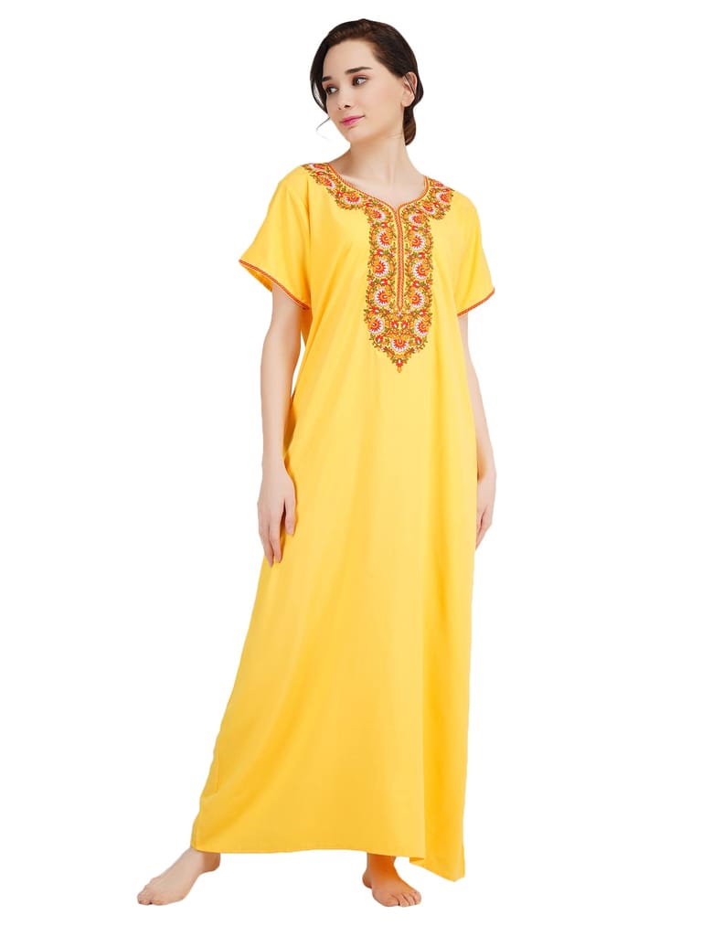 KOI SLEEPWEAR Women's Paan Shape Cotton Blend Embroidered Full Length Night Gown/Maxi/Nighty (Sunflower Yellow, L) - Nightwear & Loungewear | Buy online on ZillyBuy