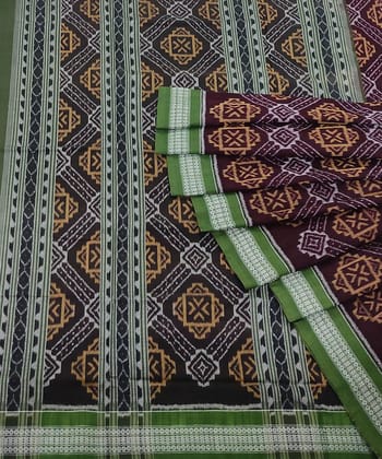 Coffee Green Sambalpuri Handwoven Single Ikat Cotton Saree