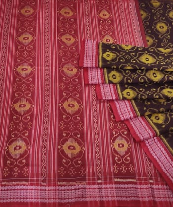 Cofee Red Sambalpuri Handwoven Single Ikat Cotton Saree with Blouse Piece