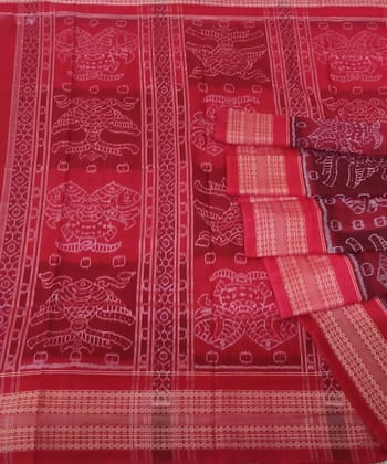 Maroon Red Sambalpuri Handwoven Single Ikat Cotton Saree with Blouse Piece