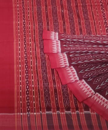 Maroon Red Sambalpuri Handwoven Single Ikat Cotton Saree with Blouse Piece