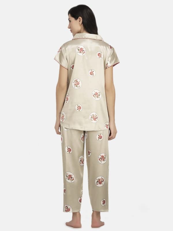 KOI SLEEPWEAR Satin Tan Rose Flowers Nightsuit for Women
