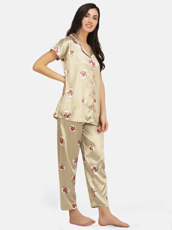 KOI SLEEPWEAR Satin Tan Rose Flowers Nightsuit for Women
