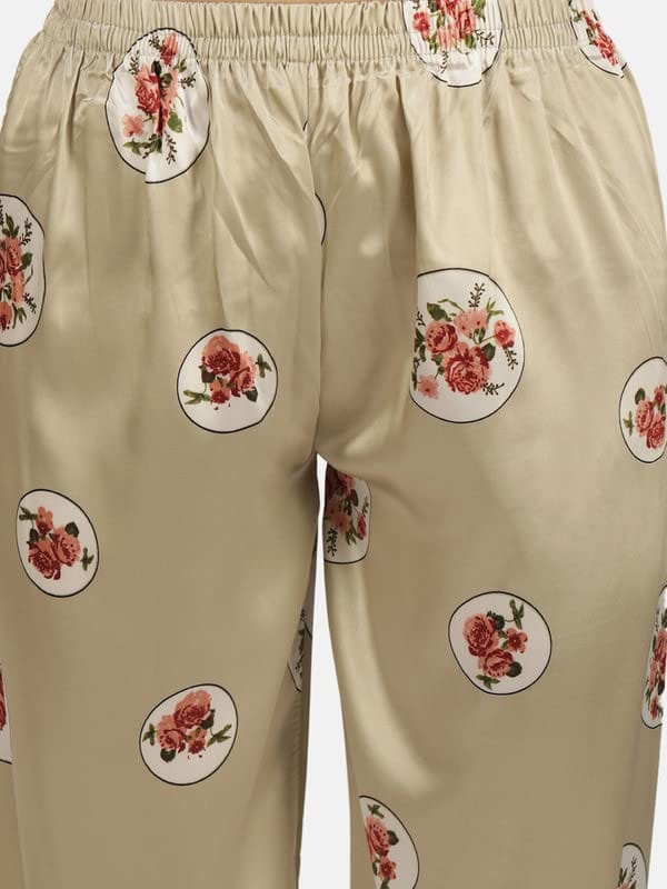 KOI SLEEPWEAR Satin Tan Rose Flowers Nightsuit for Women