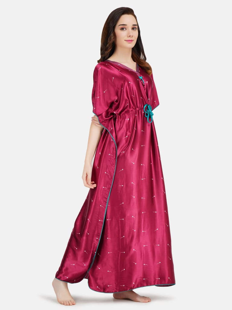KOI SLEEPWEAR Women's Printed Satin Kaftan Gown/ Maxi Night Gown for Women - Maroon (L)
