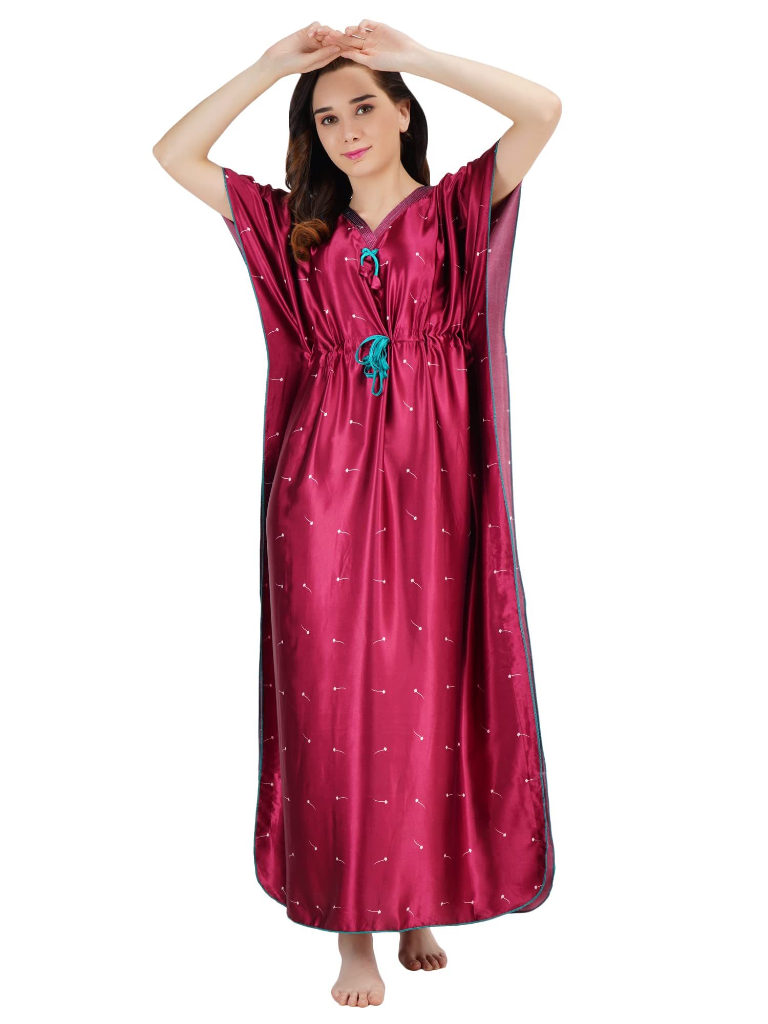 KOI SLEEPWEAR Women's Printed Satin Kaftan Gown/ Maxi Night Gown for Women - Maroon (XL)