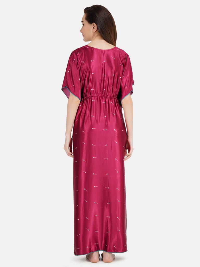 KOI SLEEPWEAR Women's Printed Satin Kaftan Gown/ Maxi Night Gown for Women - Maroon (L)
