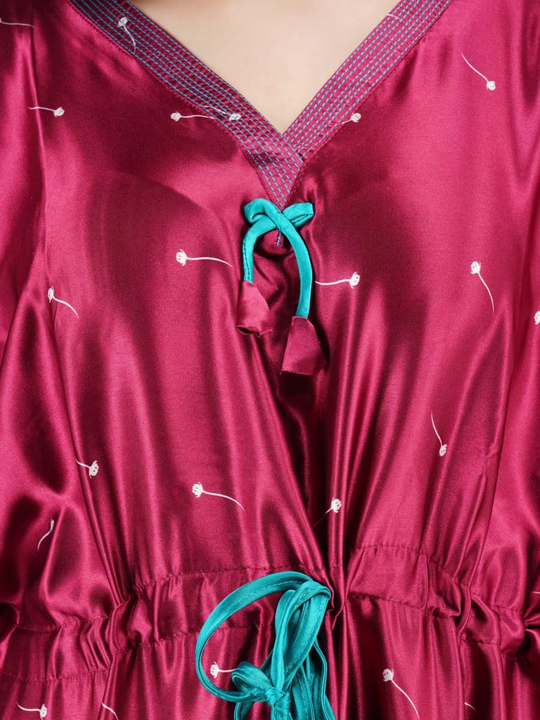 KOI SLEEPWEAR Women's Printed Satin Kaftan Gown/ Maxi Night Gown for Women - Maroon (L)