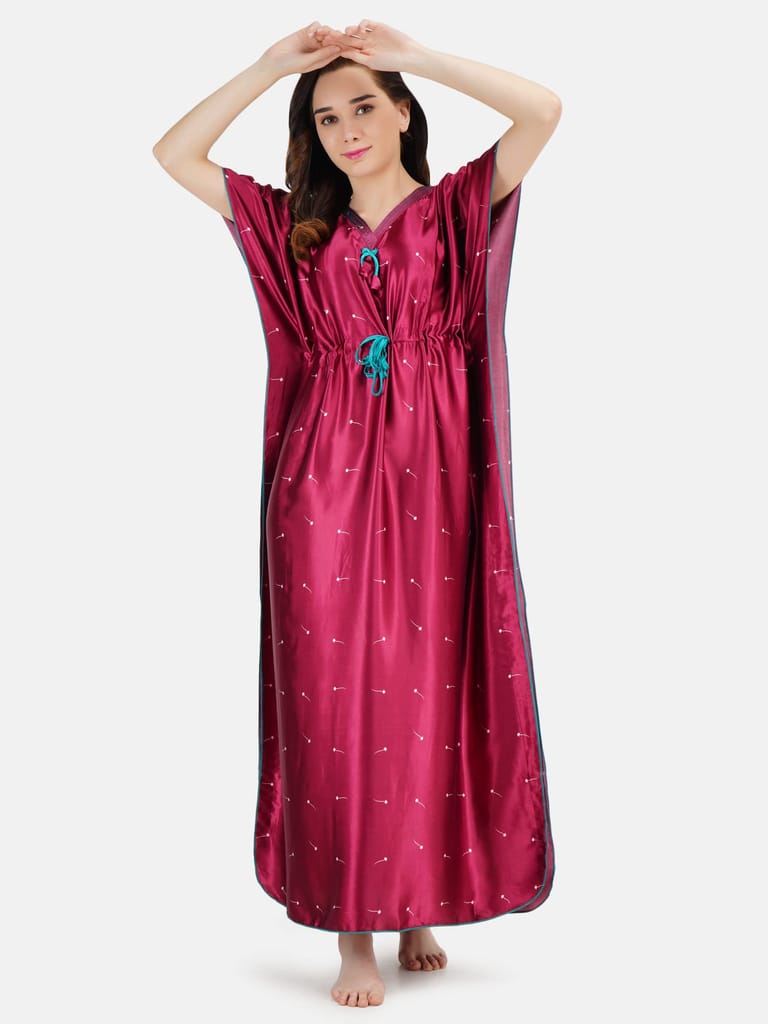 KOI SLEEPWEAR Women's Printed Satin Kaftan Gown/ Maxi Night Gown for Women - Maroon (L)