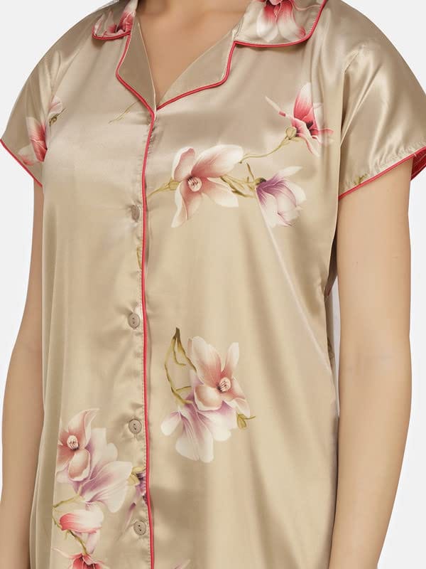 KOI SLEEPWEAR Satin Tan Floral Nightsuit for Women
