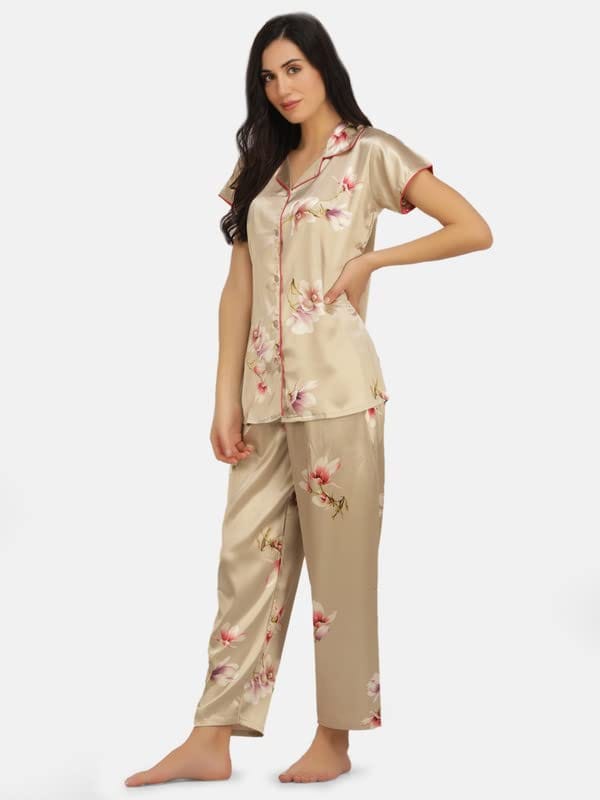 KOI SLEEPWEAR Satin Tan Floral Nightsuit for Women