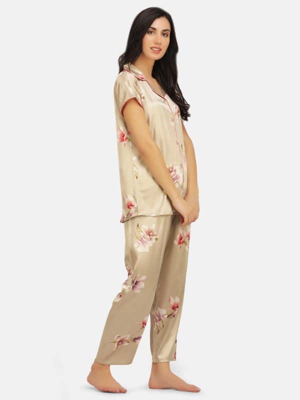 KOI SLEEPWEAR Satin Tan Floral Nightsuit for Women
