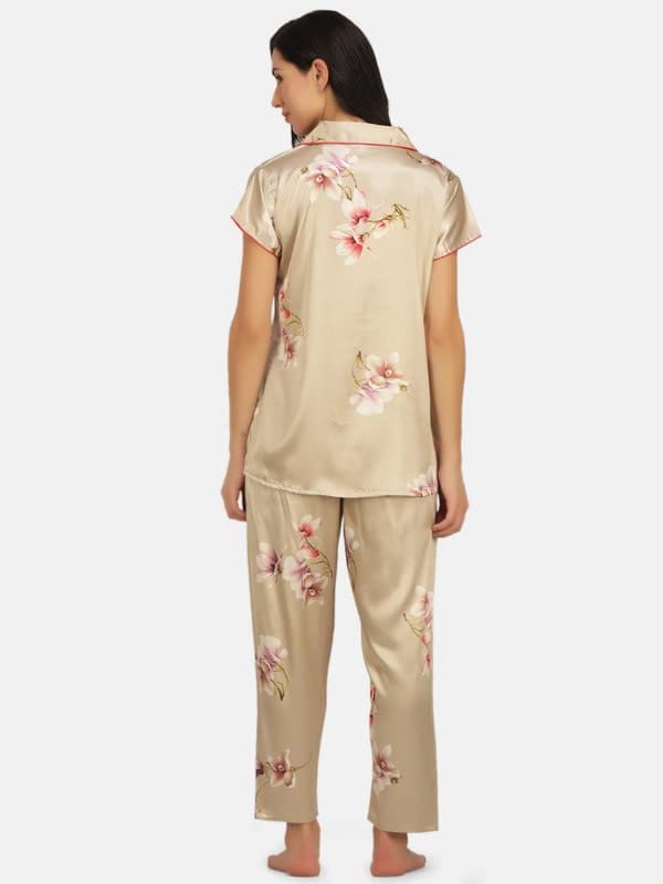 KOI SLEEPWEAR Satin Tan Floral Nightsuit for Women