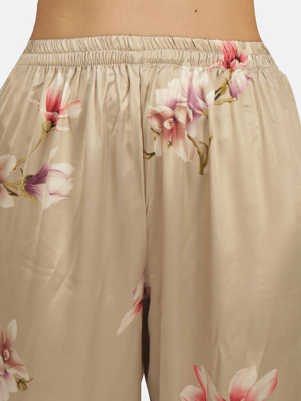 KOI SLEEPWEAR Satin Tan Floral Nightsuit for Women