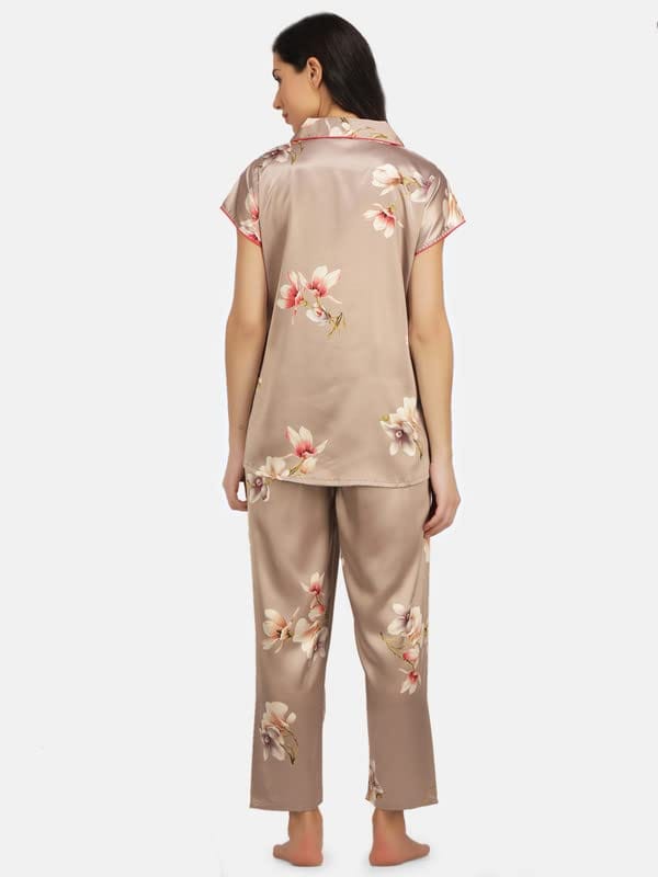 KOI SLEEPWEAR Satin Rose Gold Floral Nightsuit for Women