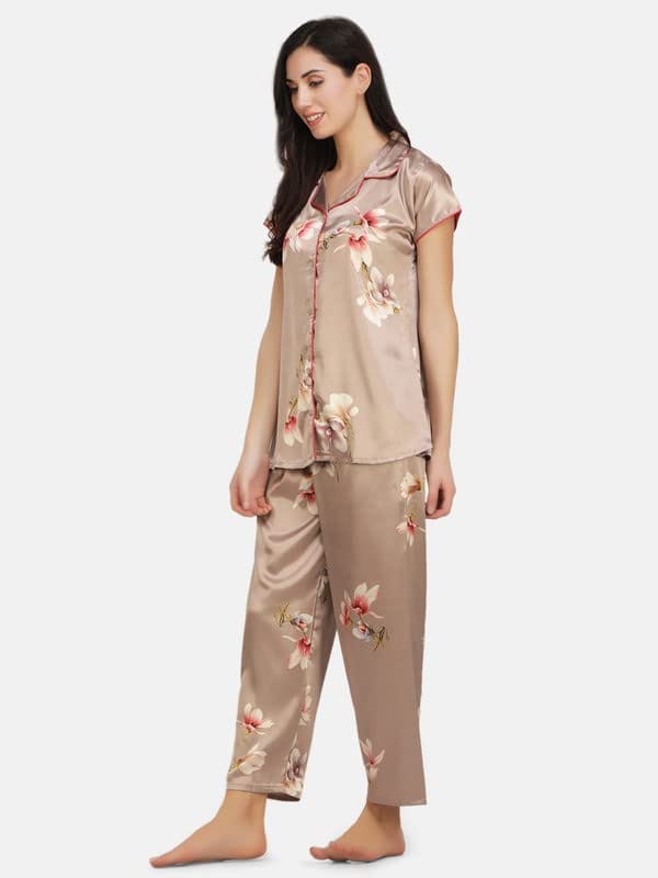 KOI SLEEPWEAR Satin Rose Gold Floral Nightsuit for Women