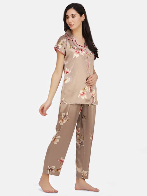 KOI SLEEPWEAR Satin Rose Gold Floral Nightsuit for Women