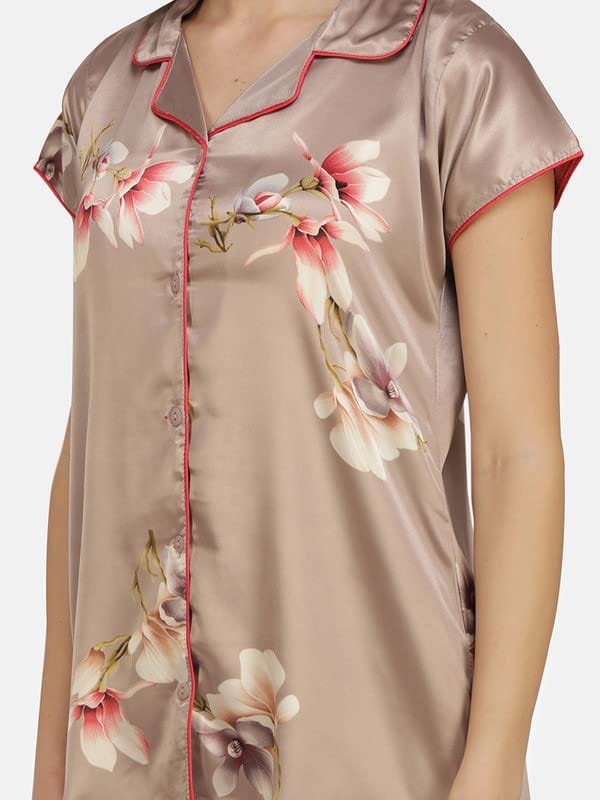 KOI SLEEPWEAR Satin Rose Gold Floral Nightsuit for Women