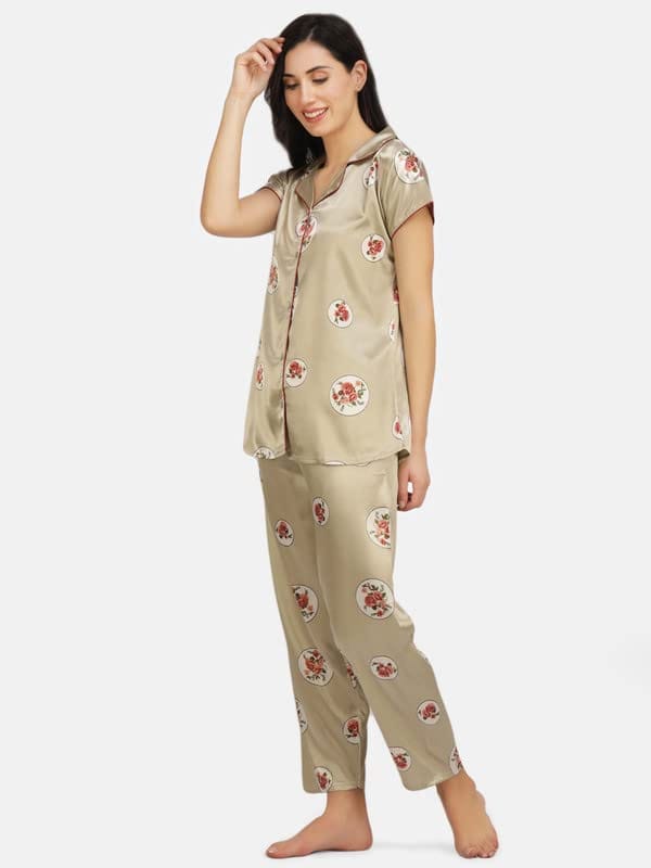 KOI SLEEPWEAR Satin Tan Rose Flowers Nightsuit for Women